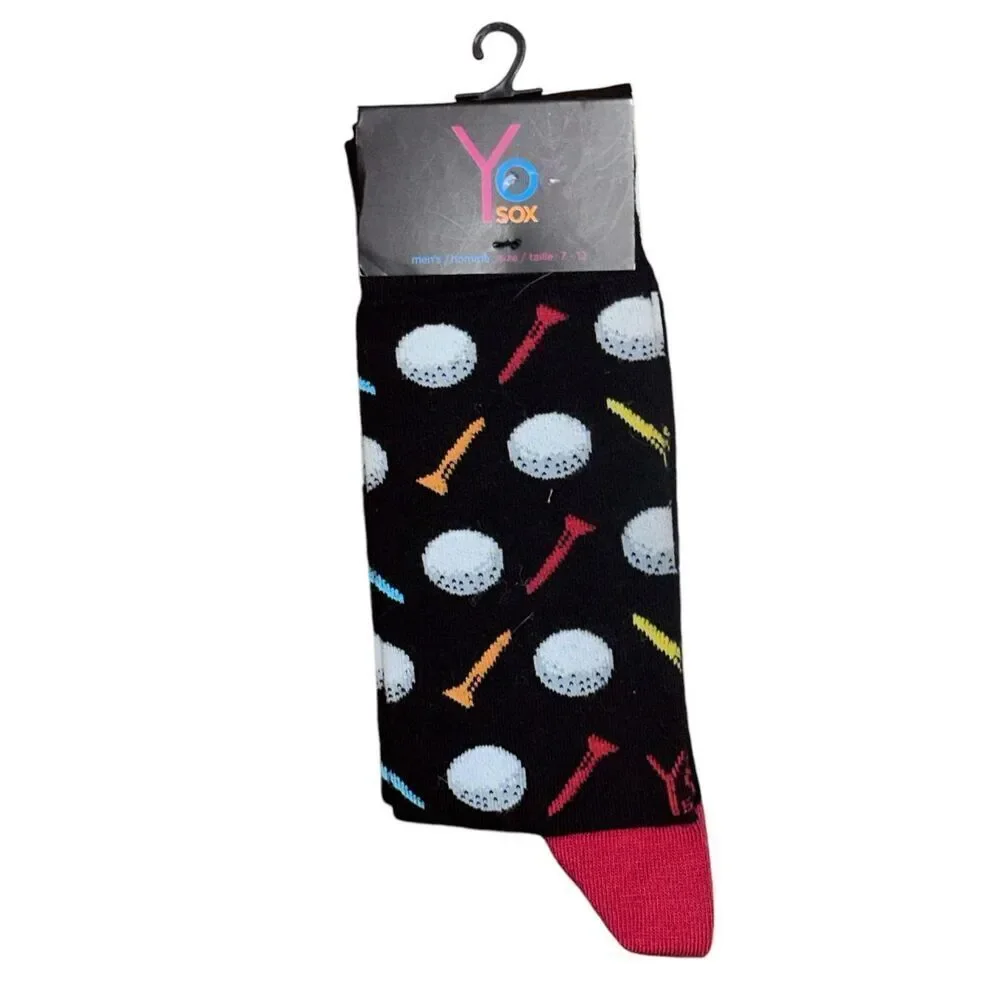NEW WITH TAGS Yo Sox Black with Golf Balls and Tees Design Men's Crew Socks Size